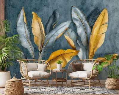 Lounge Large Gold Leaves Botanical Photo Wallpaper 312x219 cm