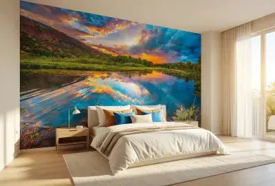 Magic Lake blue & green décor wallpaper mural