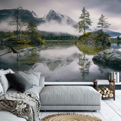 Mountain Lake on foggy day wall mural wallpaper Premium