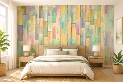 Non-woven Photo Wallpaper Colorful Slats Wooden Boards
