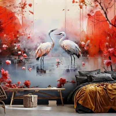 Non-Woven Photo Wallpaper Wild Cranes Red Background