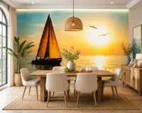 Living room photo wallpapers orange sky over sea | Shop online
