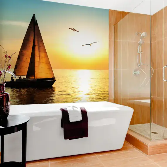 Living room photo wallpapers orange sky over sea | Shop online