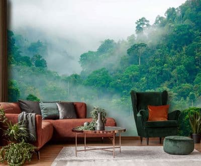 Paper photo wallpaper Green rainforest foggy day