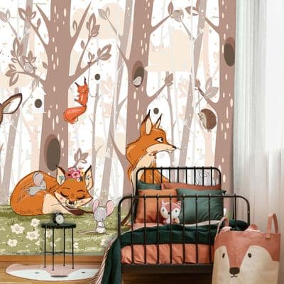 Paper wallpaper mural nursery forest animals scenery