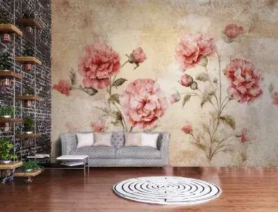 Pink Floral Living Room Photo Wallpaper 312x219 cm