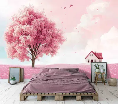 Pink Tree and House Fantasy Photo Wallpaper 312x219 cm
