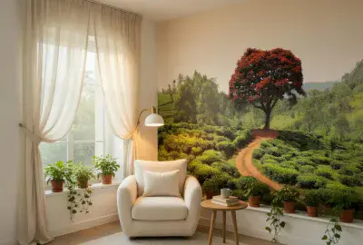 Red Tree And Hills (Sri Lanka) wall mural wallpaper Premium