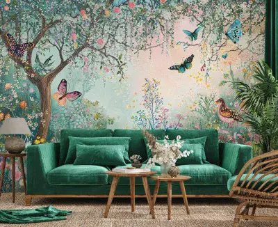 Summer Living Room Photo Wallpaper 312x219 cm  Forest Butterflies