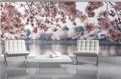 Wallpaper mural Pink flowers Lake & trees