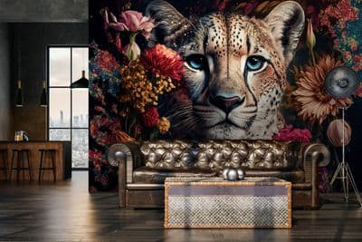 Wild Cat & Flowers Non-Woven Photo Wallpaper
