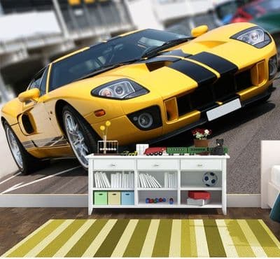 Yellow Sports Car Paper Photo Wallpaper Teen Bedroom
