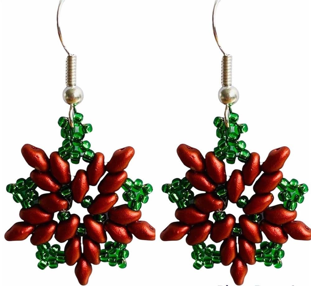 Beadwork SuperDuo Poinsettia Earrings Red and Green