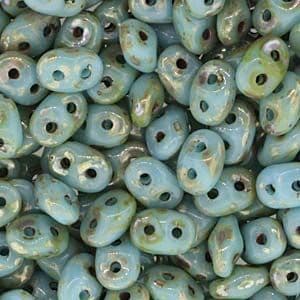 Czech 2 Hole Superduo Beads, 2.5 x 5mm Glass Beads, Turquoise Blue Picasso