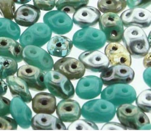 Czech Superduo Beads, 2.5 x 5mm Glass Beads, African Turquoise 10 grams
