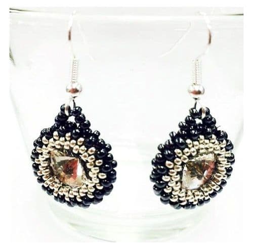 Handmade Beaded drop  black silver crystal earrings Silver Plated or Sterling Silver