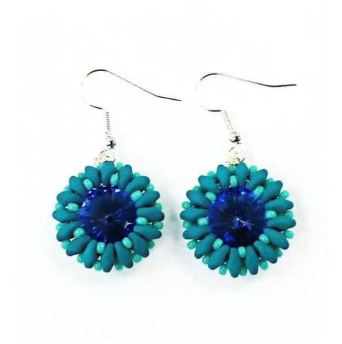 Handmade Beaded drop Petrol sapphire crystal earrings Silver Plated or Sterling Silver