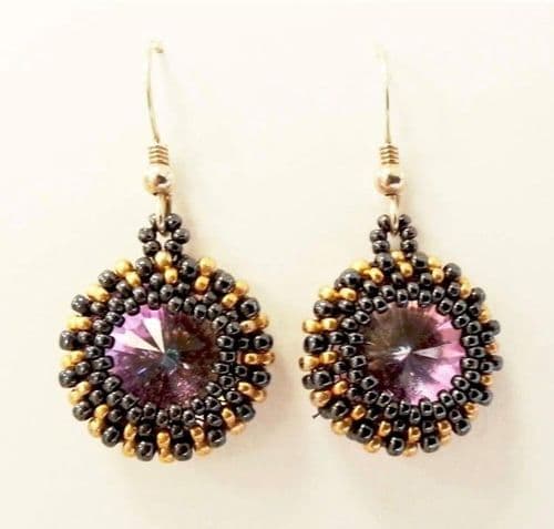 Handmade Beaded drop violet crystal earrings Silver Plated or Sterling Silver