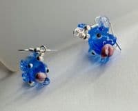 Handmade Lampwork glass  3D blue kissing fish Earrings Silver Plated or Sterling Silver