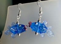 Handmade Lampwork glass  3D blue kissing fish Earrings Silver Plated or Sterling Silver