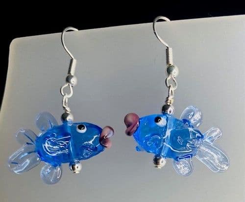 Handmade Lampwork glass  3D blue kissing fish Earrings Silver Plated or Sterling Silver