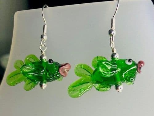 Handmade Lampwork glass  3D Green kissing fish Earrings Silver Plated or Sterling Silver