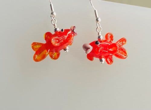 Handmade Lampwork glass  3D orangey red kissing fish Earrings Silver Plated or Sterling Silver