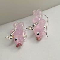 Handmade Lampwork glass  3D Pink kissing fish Earrings Silver Plated or Sterling Silver