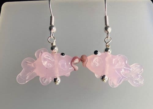 Handmade Lampwork glass  3D Pink kissing fish Earrings Silver Plated or Sterling Silver