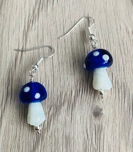 Handmade Lampwork Glass  Blue Toadstool Earrings Silver Plated or Sterling Silver