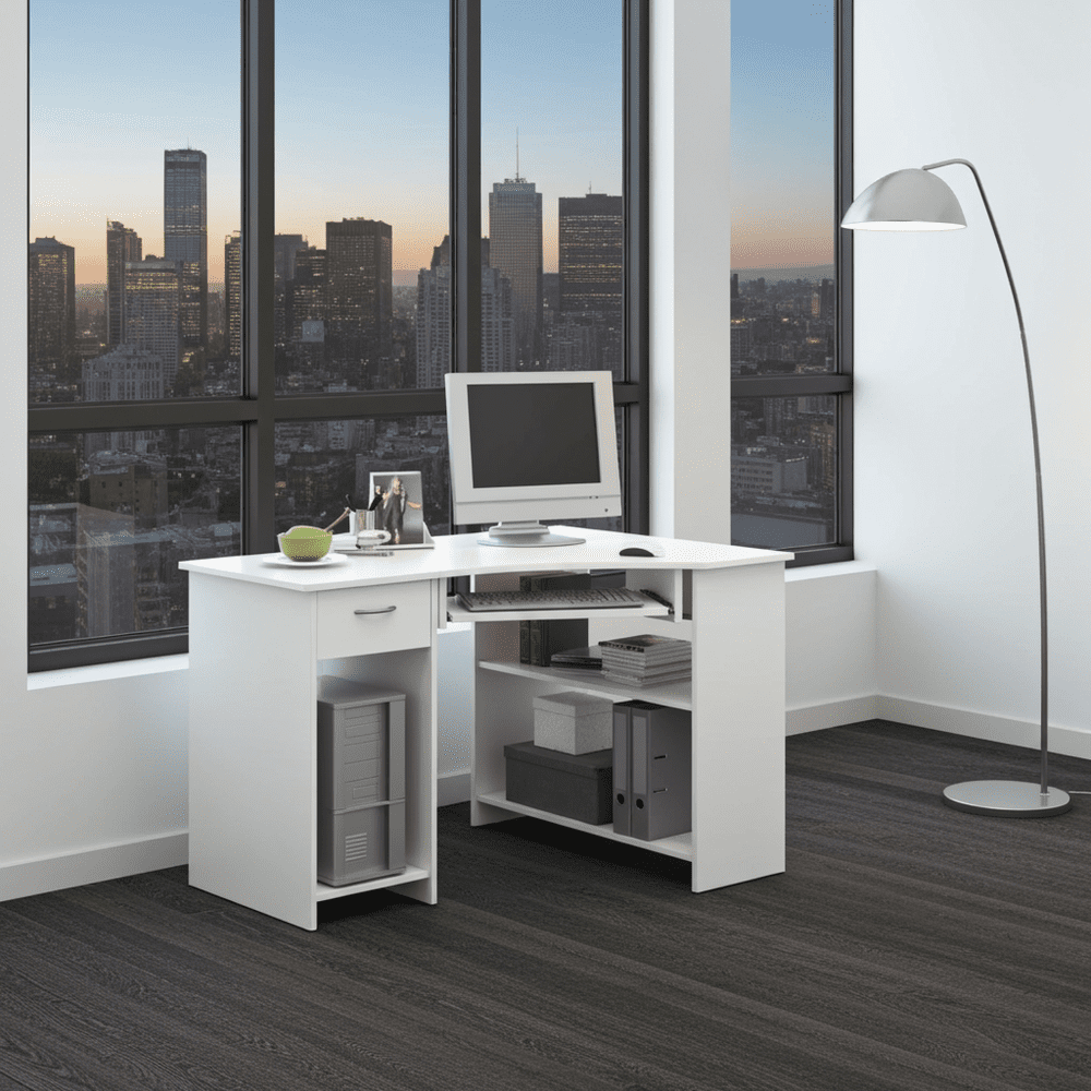 Alex White Corner Desk with Drawer and Shelves - 2922