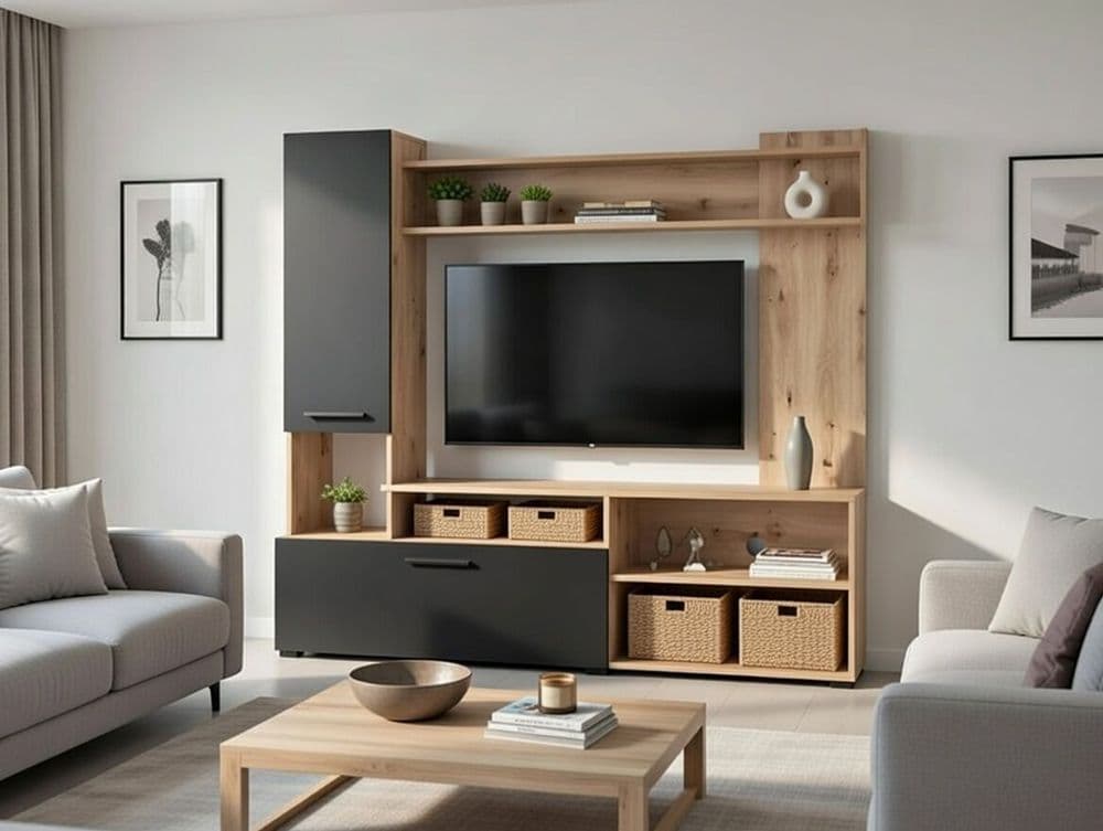 Algarve Artisan Oak Effect And Black TV Entertainment Unit - 11011452