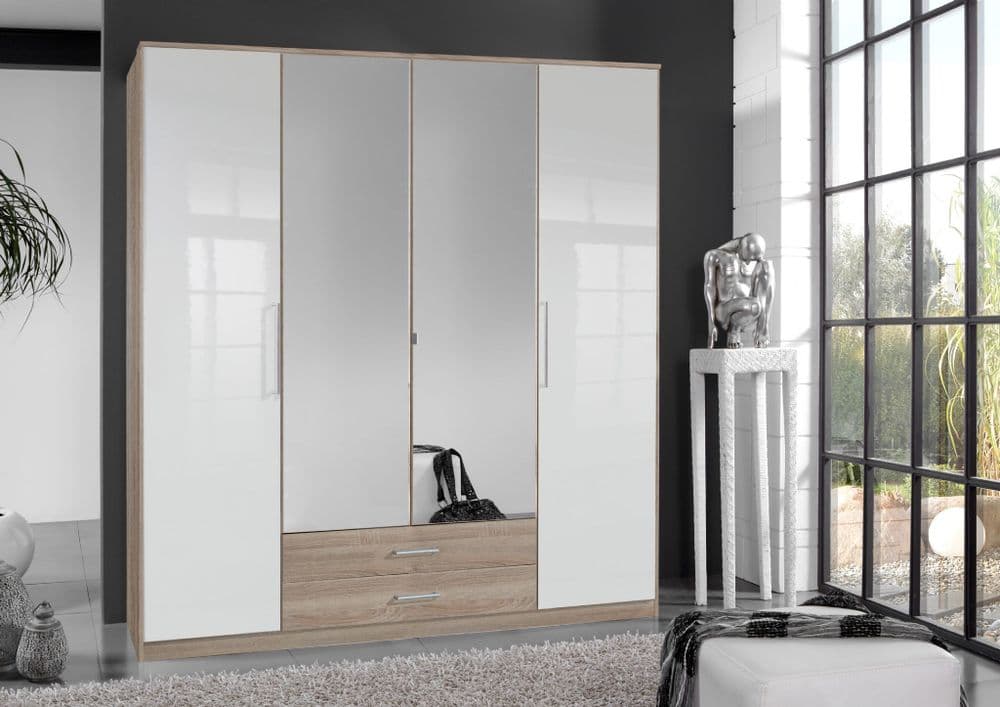 Anzo White Gloss And Oak Effect 4 Door Wardrobe - 2968