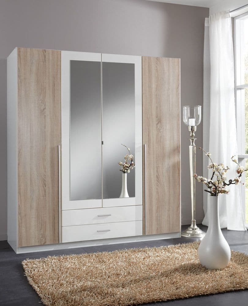 Artic White And Oak Mirrored Door Wardrobe - Furniture Wholesale UK