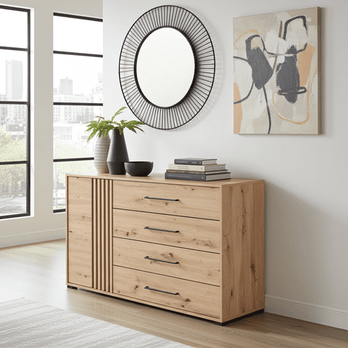 Asmara Oak Effect And Black 4 Drawer Sideboard - 11013063