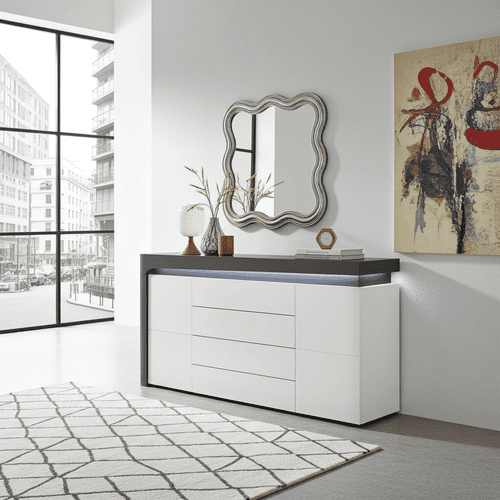 Athens Grey And White Gloss 2 Door / 4 Drawer Sideboard With Lights - 3170