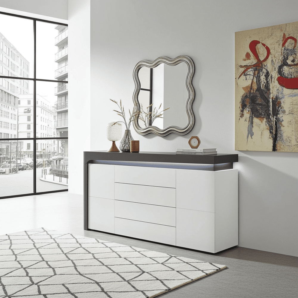 Athens Grey And White Gloss 2 Door / 4 Drawer Sideboard With Lights - 3170