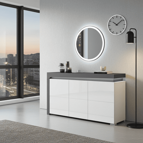Athens Grey and White Gloss 3 Door Sideboard With Lights - 3168