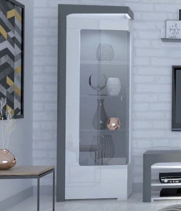 Athens Grey And White Gloss LEFT Display Cabinet with Glass Door and LED Lights - 3164