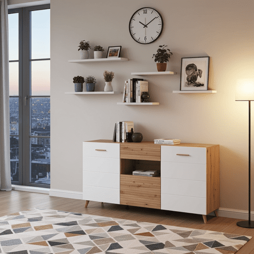 Bretanova Slatted Artisan Oak Effect And White Gloss Sideboard - 11012052