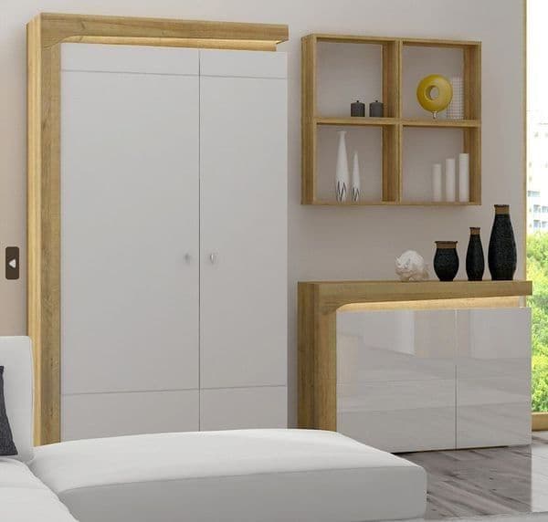 Cadillac Oak Effect And White Gloss 2 Door Wardrobe With LED Lights - 3175