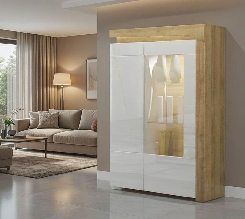 Cadillac Oak Effect And White Gloss Low Wide Display Cabinet with LED Lights - 3174