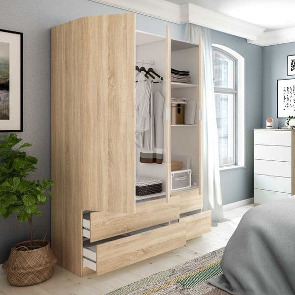 Cairo Oak Effect Compact 3 Door 4 Drawer Space-Saving 135cm Wardrobe LCX453F - 3206