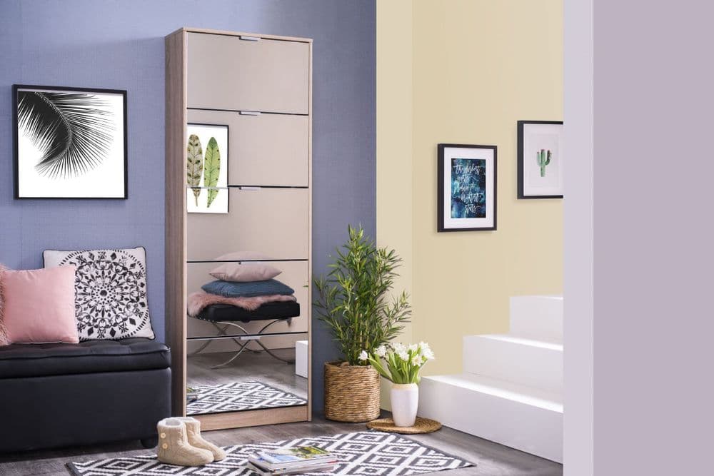 Carrera Mirrored and Oak Effect Tall 5 Drawer Shoe Cabinet 11008552