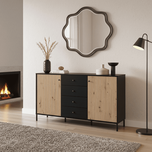Clifton Slatted Artisan Oak Effect And Black Sideboard - 11013540