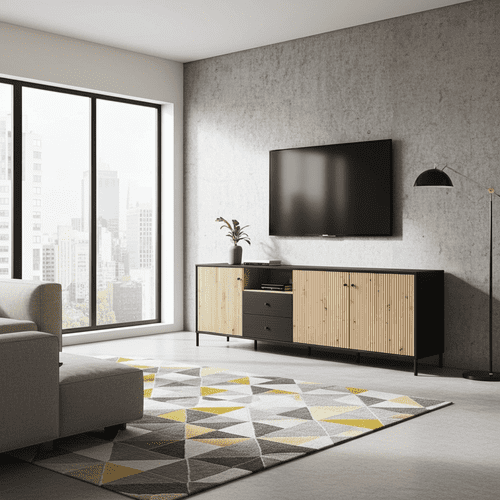 Clifton Slatted Artisan Oak Effect And Black TV Unit - 11013530