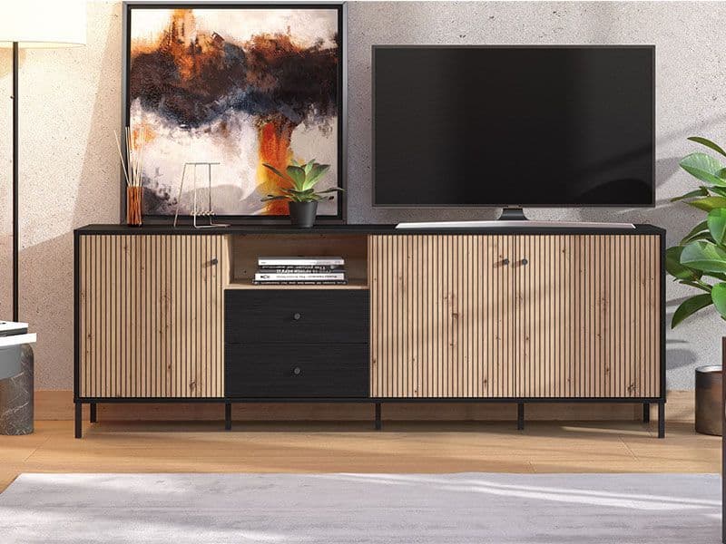Clifton Slatted Artisan Oak Effect And Black TV Unit - 3437