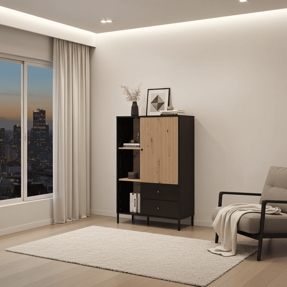 Clifton Slatted Artisan Oak Effect Black Low Display Cabinet 11013545