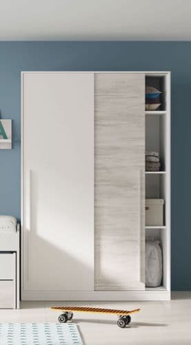 Columbus Artic White and White Oak Effect Small Narrow Sliding 2 Door Wardrobe 120cm Wide - 3209