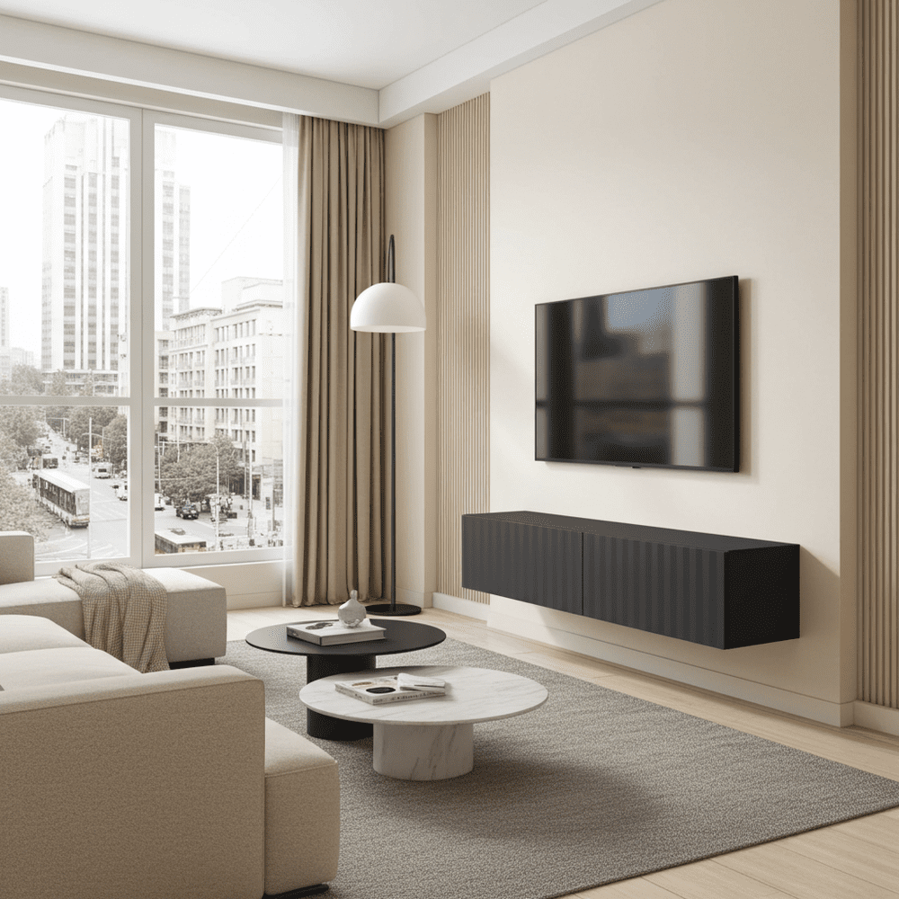Como Black Slat Effect Wall Mounted Floating Small TV Entertainment Unit - 11014661